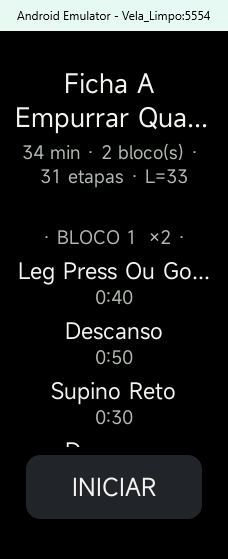 Tela do app Ritmo na pulseira mostrando uma ficha com blocos e etapas